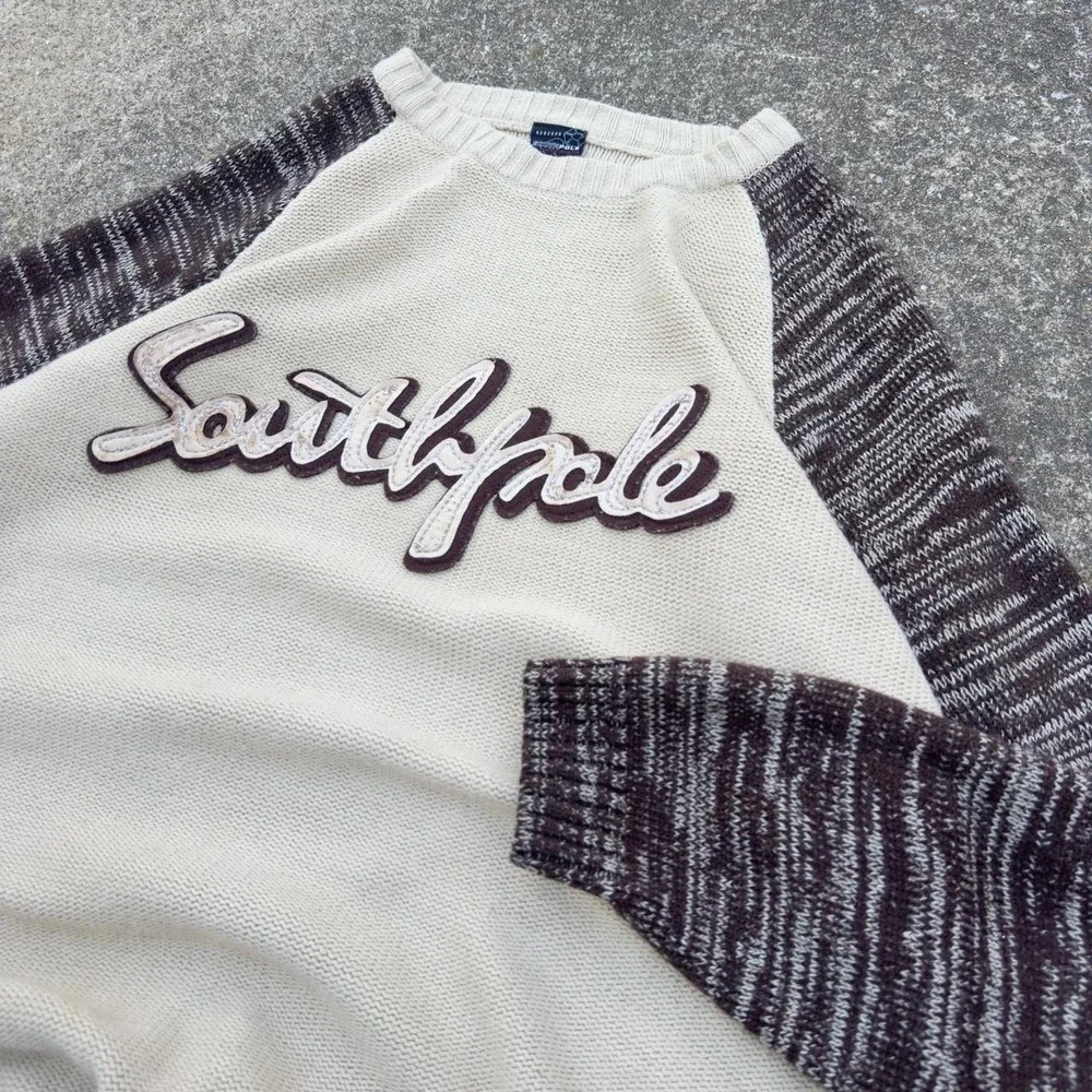 Vintage Y2K Southpole Knit Sweater Script Logo Streetwear Cream XL b3